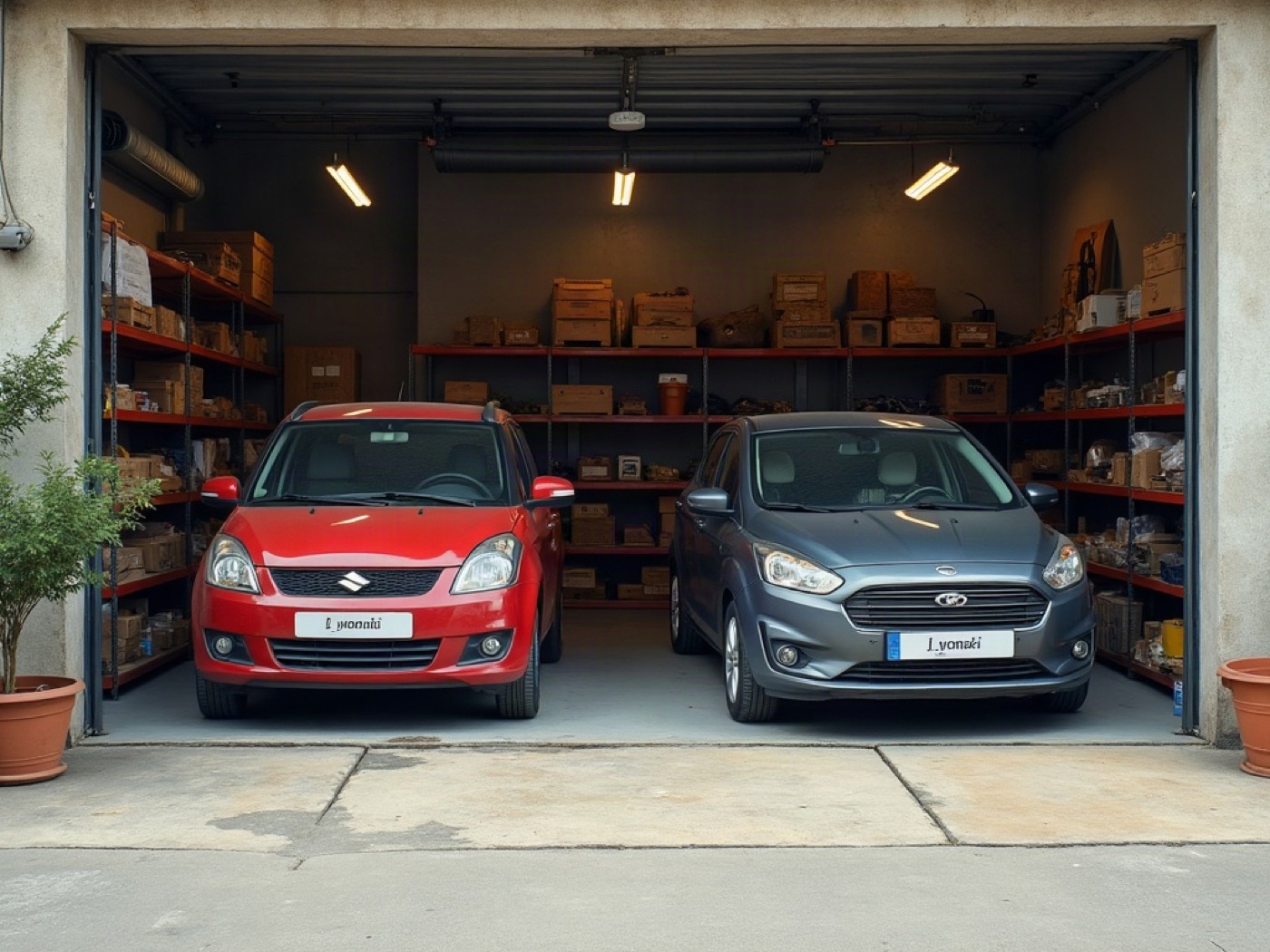 Daylight lot with unmarked cars and spare-parts shelves in a garage
