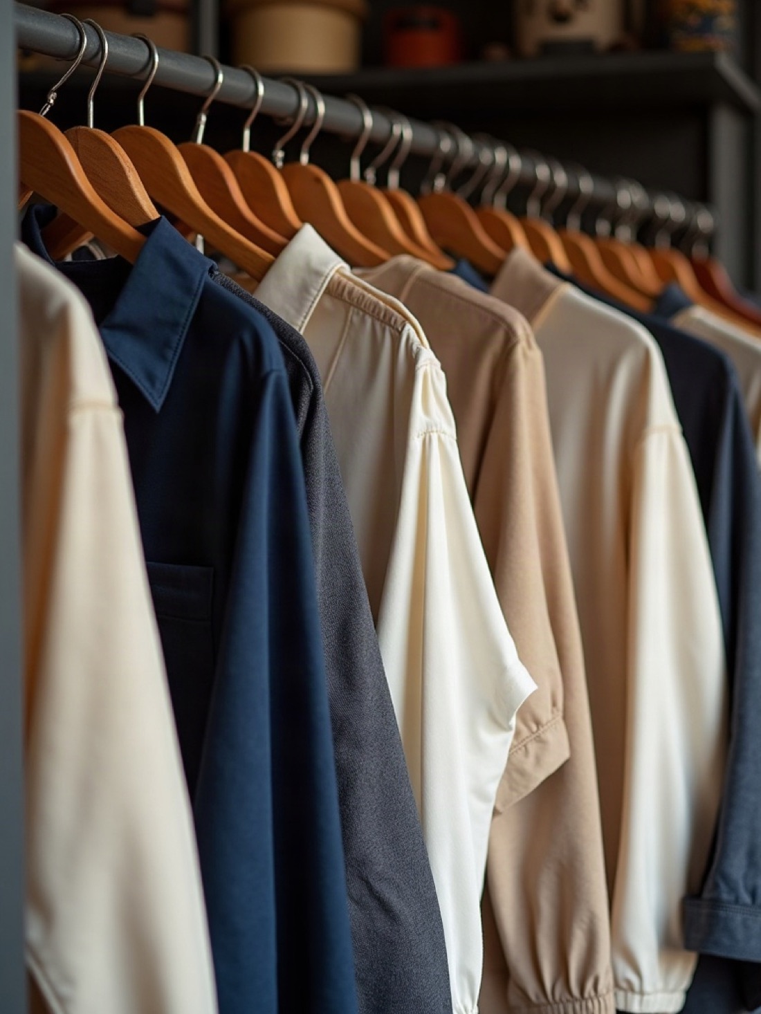 Women's and children's garments on wooden hangers in daylight