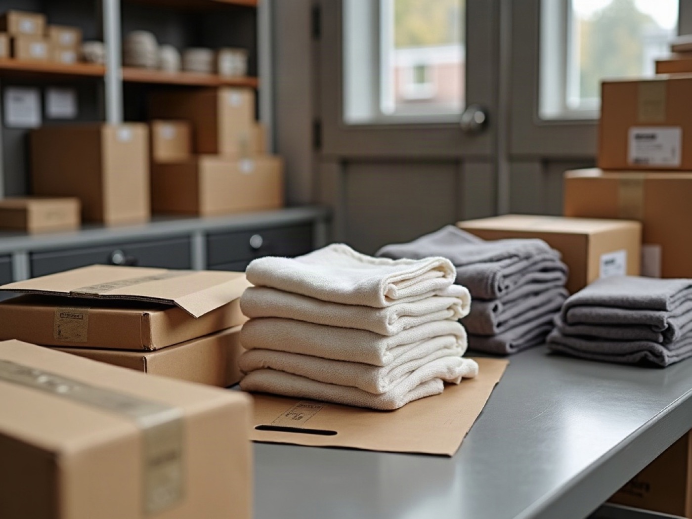 Packing table with folded garments and boxed apparel