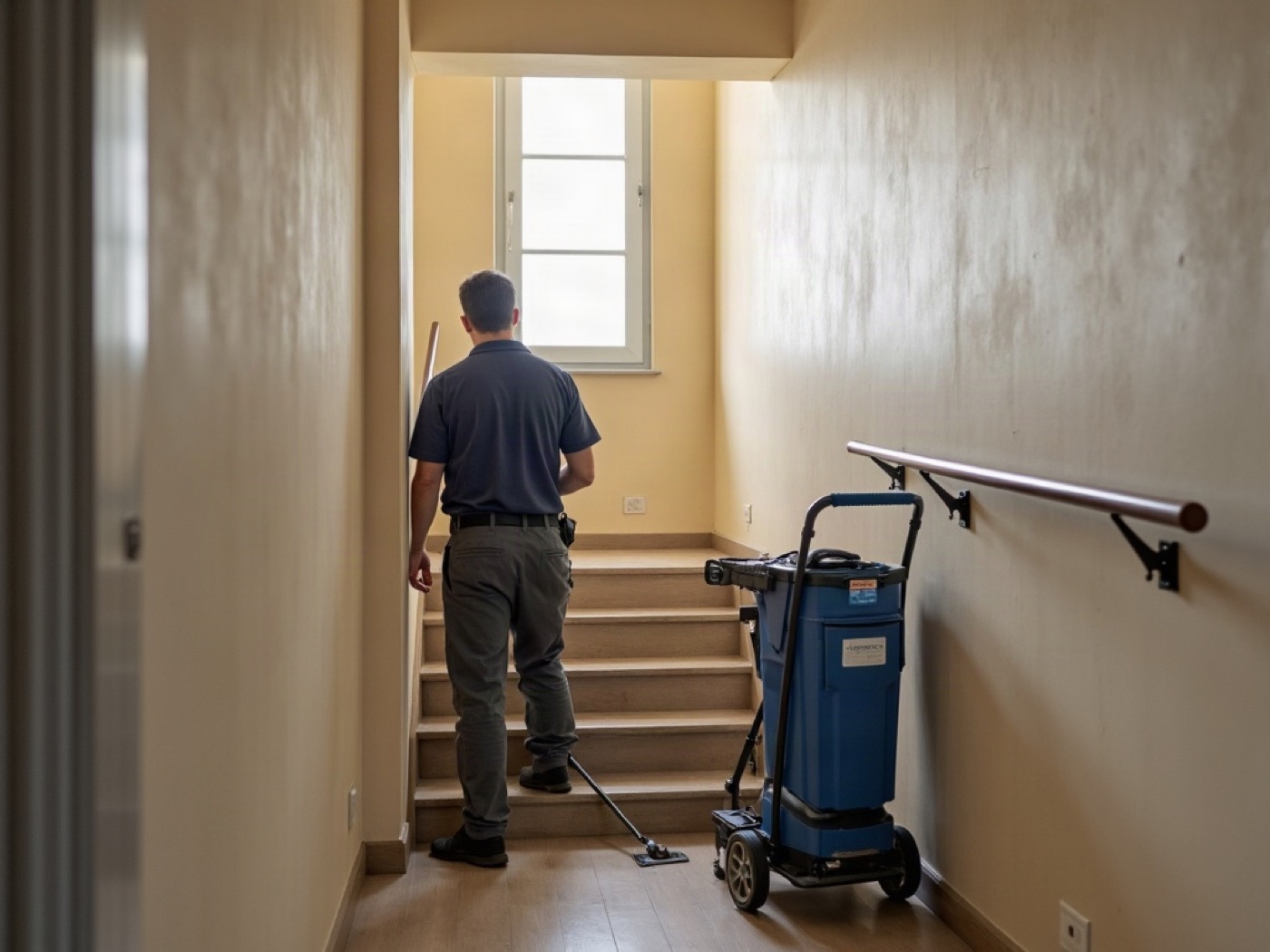 Maintenance technician with a trolley in a beige stairwell